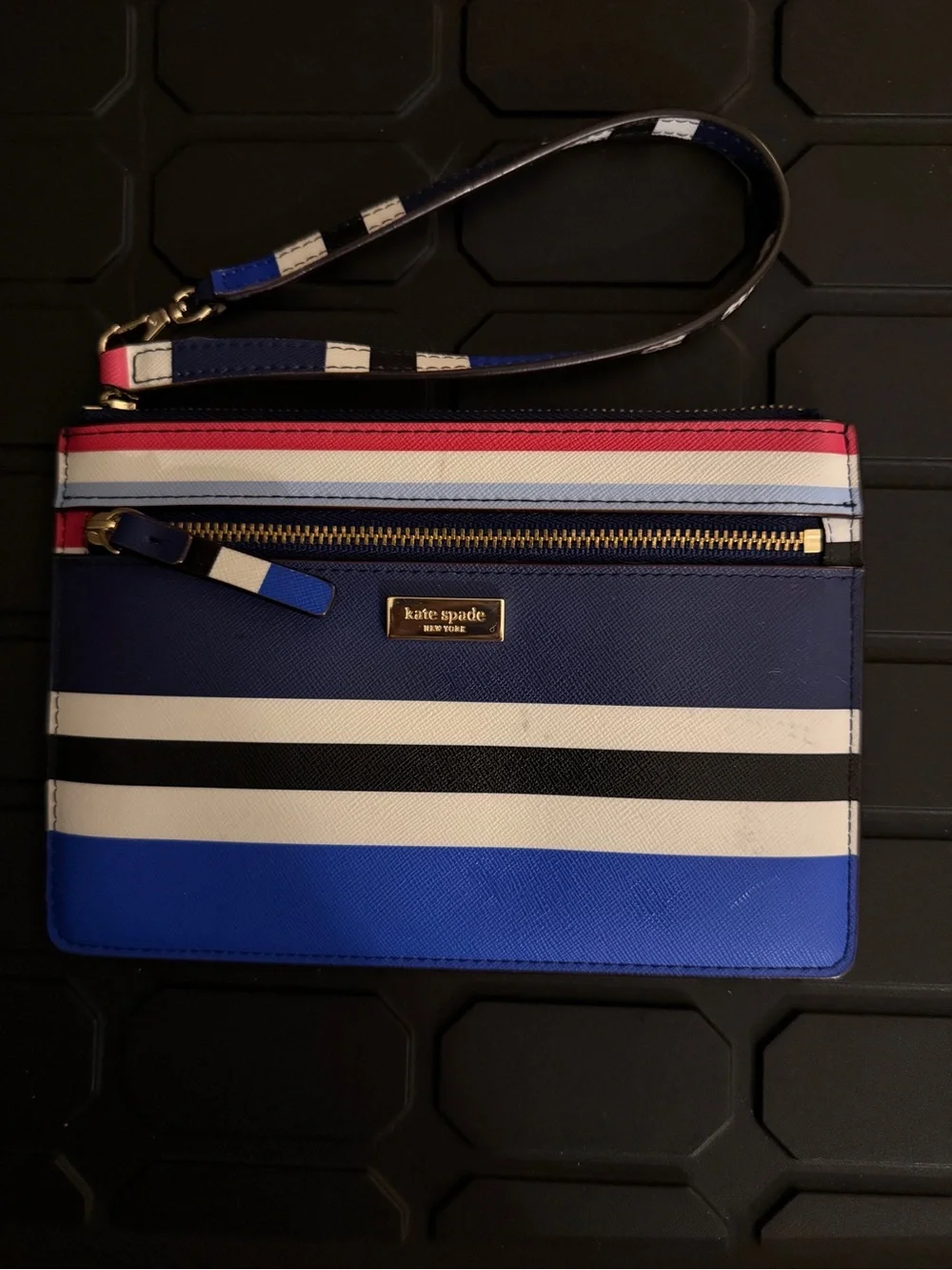 kate spade Navy, White & Black Striped Zip Wristlet